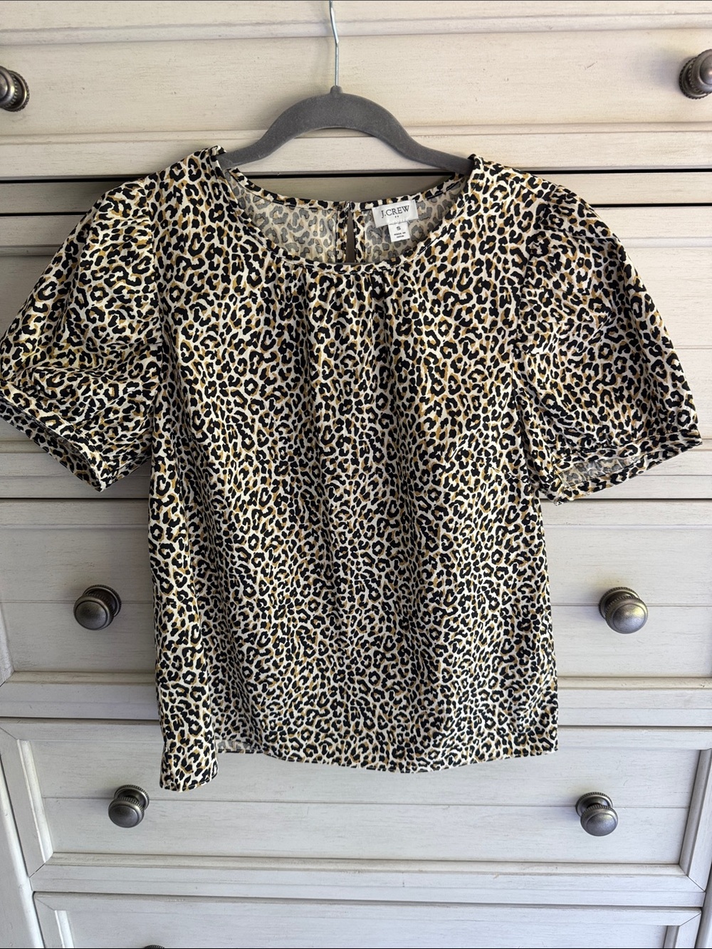 J. Crew Leopard Print Short Puff Sleeve Blouse in Beige and Black SZ Small